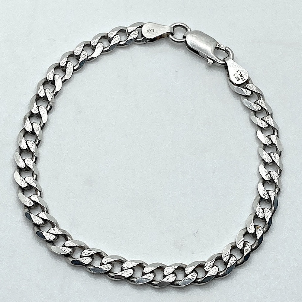 Vtg Sterling Textured Woodgrain Design Solid Cuban Link Bracelet 7.5” / 6mm